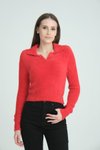 Red V-Neck Stretch Crop Fluffy Sweater