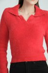 Kırmızı V Yaka Esnek Crop Yumoş Kazak