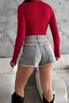 Kırmızı Yakası Çıtçıtlı Kaşkorse Crop Bluz