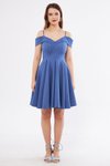 Kot Mavi Mini Askılı Kay ık Yaka Detay Pileli Kloş Abiye Elbise
