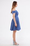 Kot Mavi Mini Askılı Kayık Yaka Detay Pileli Kloş Abiye Elbise