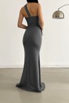 Koyu Gri Uzun Askılı Tek Omuzlu Scuba Kumaş Balık Elbise
