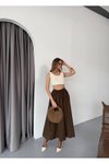 Koyu Kahve Uzun Paraşüt Kumaş Bol Kesim Etek