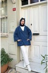 Koyu Mavi Yan Bağlama Oversize Kot Ceket