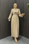 Krem Degaje Tesettür Abiye Elbise