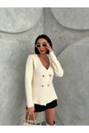 Krem Gold Düğmeli Triko Blazer Ceket