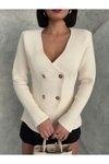 Krem Gold Düğmeli Triko Blazer Ceket