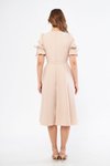 Krem Midi Kruvaze Yaka Büzgülü Kısa Kol Kolları Lastikli Kuşaklı Abiye Elbise