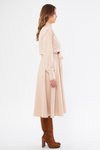 Krem Midi Uzun Kol Kuşaklı Beli Lastikli Cepli Gömlek Elbise