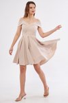 Krem Mini Askılı Kayık Yaka Detay Pileli Kloş Abiye Elbise