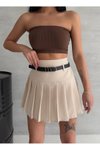Krem Mini Pileli Kemer Detaylı Şort Etek