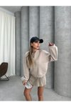 Krem Modal Kumaş Fermuarlı Bomber Sweatshirt
