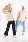 Krem Pamuklu Unisex Oversize Basic T-shirt
