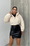 Krem Peluş Oversize Crop Kapüşonlu Mont
