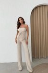 Krem Straplez Büzgülü Crop Ve Pantolon Gofre İkili Takım