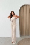 Krem Straplez Büzgülü Crop Ve Pantolon Gofre İkili Takım