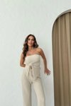 Krem Straplez Büzgülü Crop Ve Pantolon Gofre İkili Takım