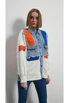 Krem Turuncu Mavi Mix Renkli Biyeli Oversize Ceket