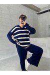 Lacivert Çizgili V Yaka Triko Alt Üst İkili Takım