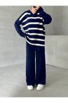 Lacivert Çizgili V Yaka Triko Alt Üst İkili Takım