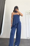 Lacivert Fularlı Straplez Asimetrik Bluz Ve Pantolon İkili Takım