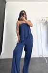 Lacivert Fularlı Straplez Asimetrik Bluz Ve Pantolon İkili Takım