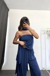 Lacivert Fularlı Straplez Asimetrik Bluz Ve Pantolon İkili Takım