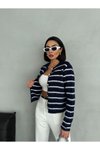 Lacivert Gold Düğmeli Çizgili Yumoş Triko Hırka