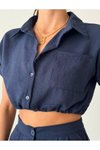 Lacivert Keten Crop Gömlek Palazzon Pantolon İkili Takım