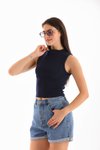 Lacivert Likralı Crop Bluz