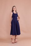 Lacivert Midi Askılı Kare Yaka Elbise