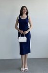 Lacivert Midi Askılı Modal Kumaş Yanları Yırtmaçlı Şeritli Elbise