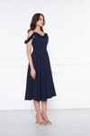 Lacivert Midi Ayarlanabilir Askılı Yaka Fırfır Detay Dokuma Kumaş Pileli Kloş Abiye Elbise