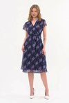 Navy Midi Wrap Dress with Tie Detail and Patterned Chiffon