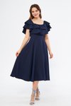 Lacivert Midi Carmen Fırfır Yaka Düşük Omuz Dökümlü Dokuma Kumaş Elbise