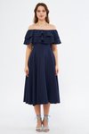 Lacivert Midi Carmen Fırfır Yaka Düşük Omuz Dökümlü Dokuma Kumaş Elbise