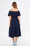 Lacivert Midi Carmen Fırfır Yaka Düşük Omuz Dökümlü Dokuma Kumaş Elbise
