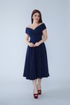 Lacivert Midi Kayık Yaka Kloş Dokuma Dökümlü Kumaş Abiye Elbise