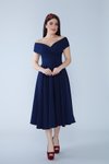 Lacivert Midi Kayık Yaka Kloş Dokuma Dökümlü Kumaş Abiye Elbise