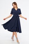 Lacivert Midi Kruvaze Yaka Büzgülü Kısa Kol Kolları Lastikli Kuşaklı Abiye Elbise