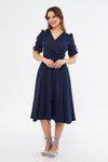 Lacivert Midi Kruvaze Yaka Büzgülü Kısa Kol Kolları Lastikli Kuşaklı Abiye Elbise