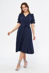 Lacivert Midi Kruvaze Yaka Büzgülü Kısa Kol Kolları Lastikli Kuşaklı Abiye Elbise