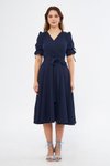 Lacivert Midi Kruvaze Yaka Büzgülü Kısa Kol Kolları Lastikli Kuşaklı Abiye Elbise