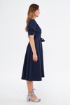 Lacivert Midi Kruvaze Yaka Büzgülü Kısa Kol Kolları Lastikli Kuşaklı Abiye Elbise