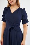 Lacivert Midi Kruvaze Yaka Büzgülü Kısa Kol Kolları Lastikli Kuşaklı Abiye Elbise
