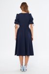 Lacivert Midi Kruvaze Yaka Büzgülü Kısa Kol Kolları Lastikli Kuşaklı Abiye Elbise