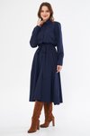 Lacivert Midi Uzun Kol Kuşaklı Beli Lastikli Cepli Gömlek Elbise