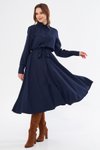 Lacivert Midi Uzun Kol Kuşaklı Beli Lastikli Cepli Gömlek Elbise
