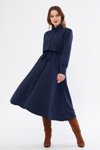 Lacivert Midi Uzun Kol Kuşaklı Beli Lastikli Cepli Gömlek Elbise