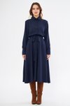 Lacivert Midi Uzun Kol Kuşaklı Beli Lastikli Cepli Gömlek Elbise
